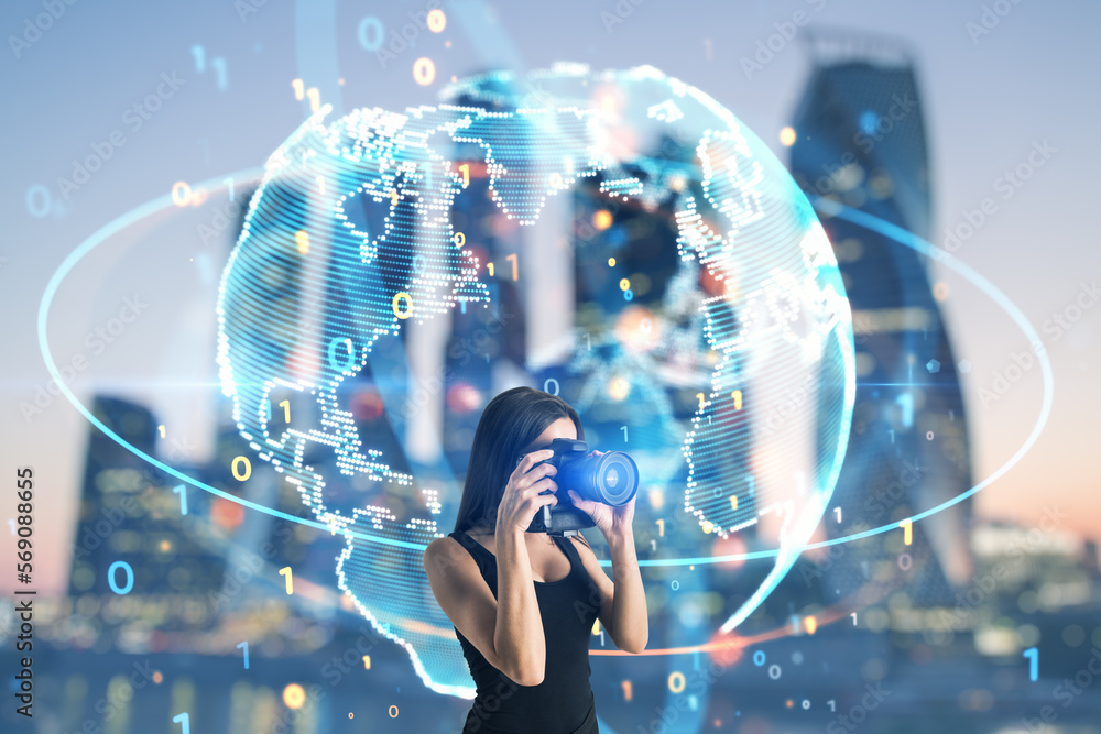 Poster Young lady with photo camera and abstract globe sphere with coding and polygonal network on blurry city background. Future, technology and digital world concept. Double exposure.