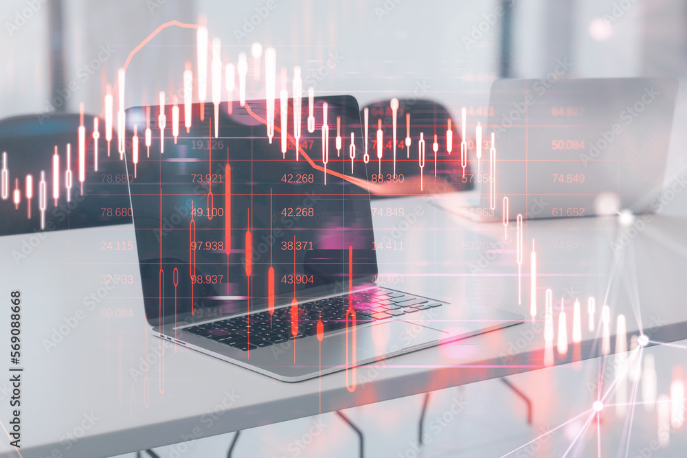 Poster close up of laptop computer with glowing falling red forex chart on blurry background. stock exchang