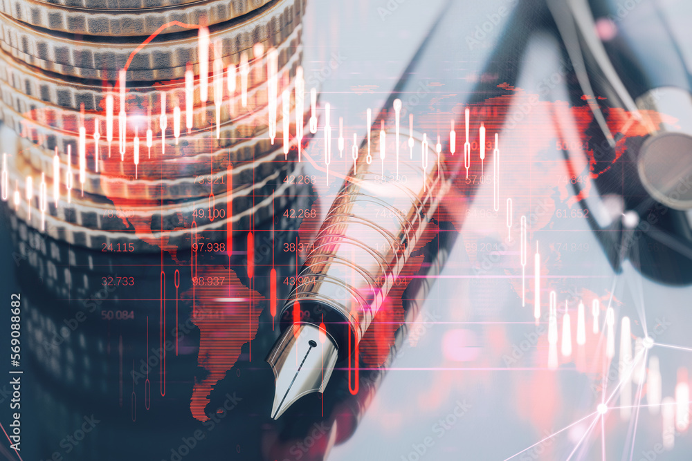 Poster close up of stacked coins and fountain pen on desktop with glowing falling red forex chart on blurry
