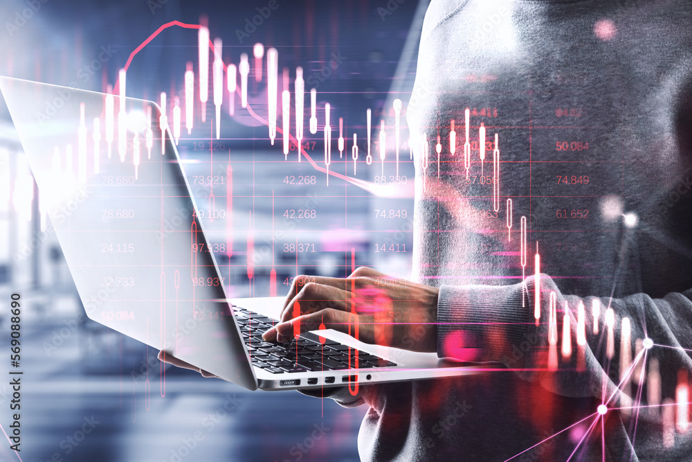 Poster Close up of hacker hands using laptop with glowing falling red forex chart on blurry background. Stock exchange, hacking and crisis concept. Double exposure.