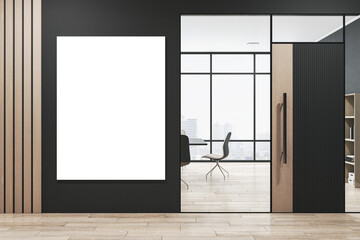 Modern wooden and concrete office hallway interior with blank mock up banner on wall, furniture, window with city view and daylight. 3D Rendering. - obrazy, fototapety, plakaty