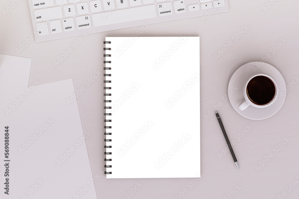 Aufkleber Top view of light desk with empty white notepad, pen and coffee cup. Workspace concept. 3D Rendering.