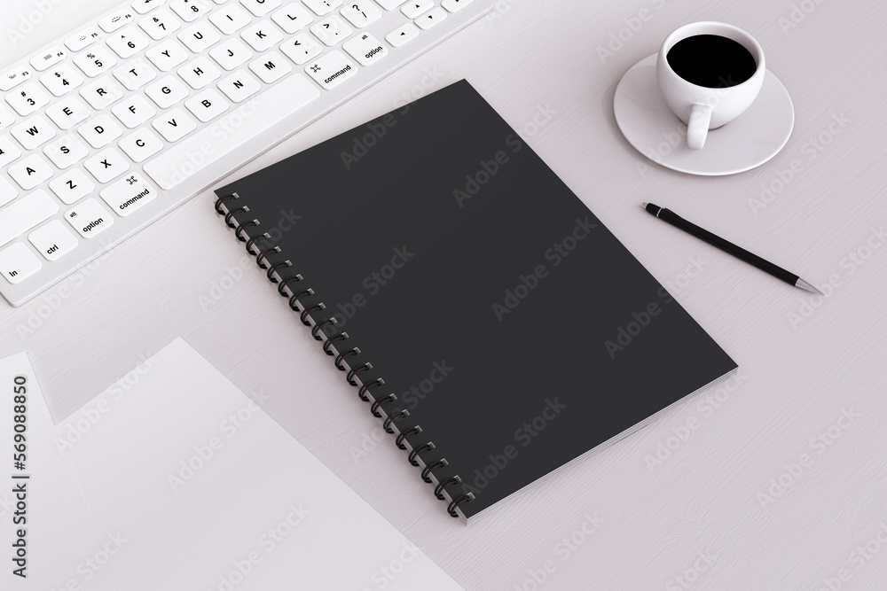Poster Top view of light desk with empty black notepad, pen and coffee cup. Workspace concept. 3D Rendering.
