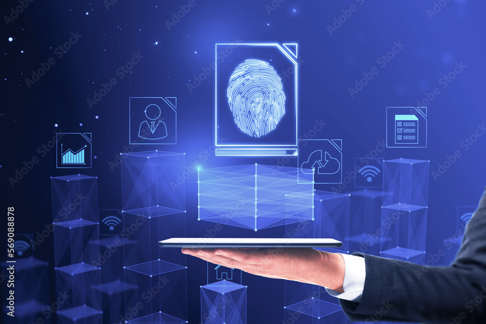 Poster Biometric authorization and business security concept with digital tablet on man hand projected virtual human fingerprint in a frame with social network icons around on blue background