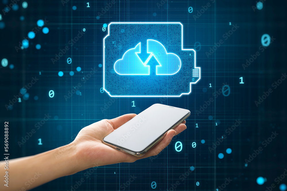 Poster Close up of female hand holding mobile phone with glowing cloud computing circuit hologram on dark background. Data storage and technology concept.