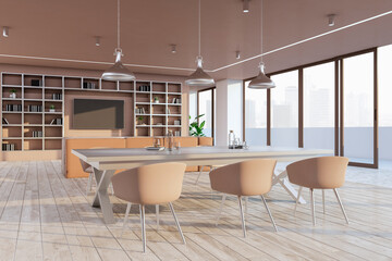 Light concrete and wooden dining room interior with furniture and daylight. 3D Rendering.