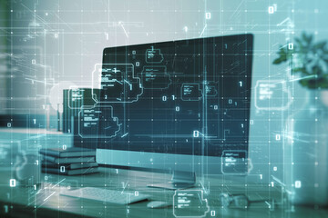 Close up of office workplace with computer monitor, supplies and glowing tech metaverse grid on blurry background. Connection technology and laser mesh concept. Double exposure.