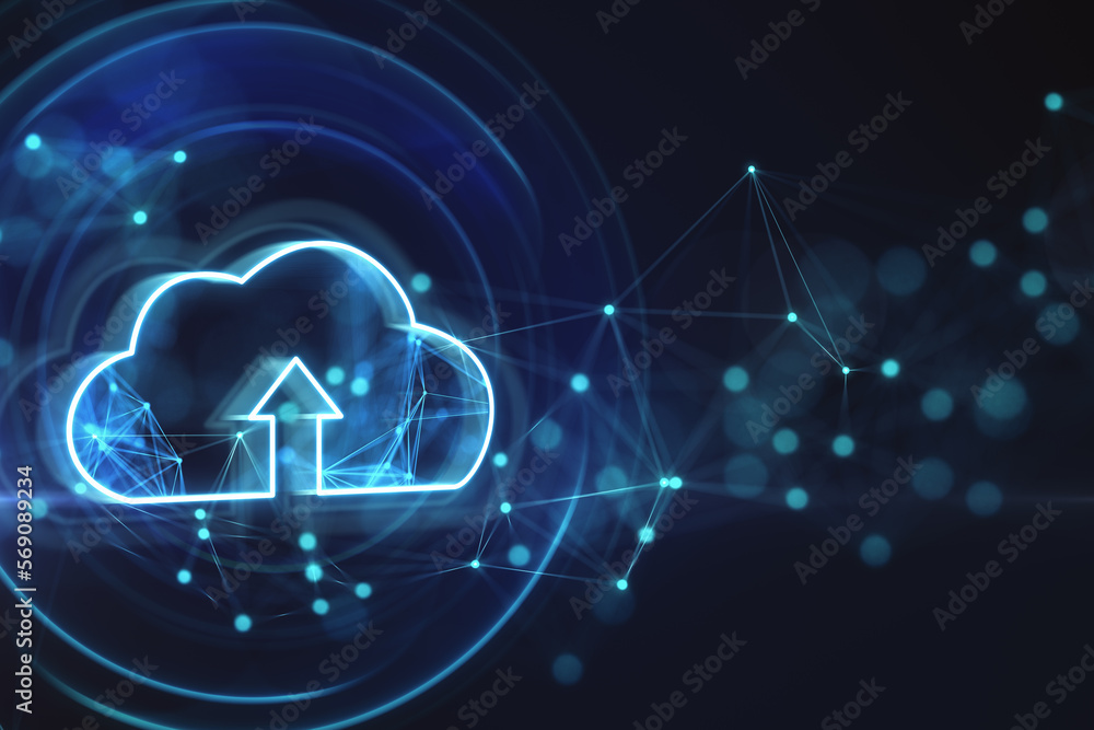 Poster Cloud computing, data exchange concept with digital cloud symbol and arrow on dark background with glowing circles, geometrical lines and blurred dots. 3D rendering