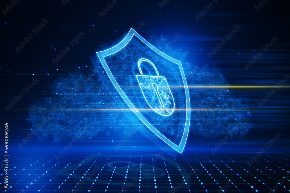 Aufkleber Information, privacy and cyber protection concept with perspective view on digital padlock in blue shield surrounded by data net visualization on abstract dark technological background. 3D rendering