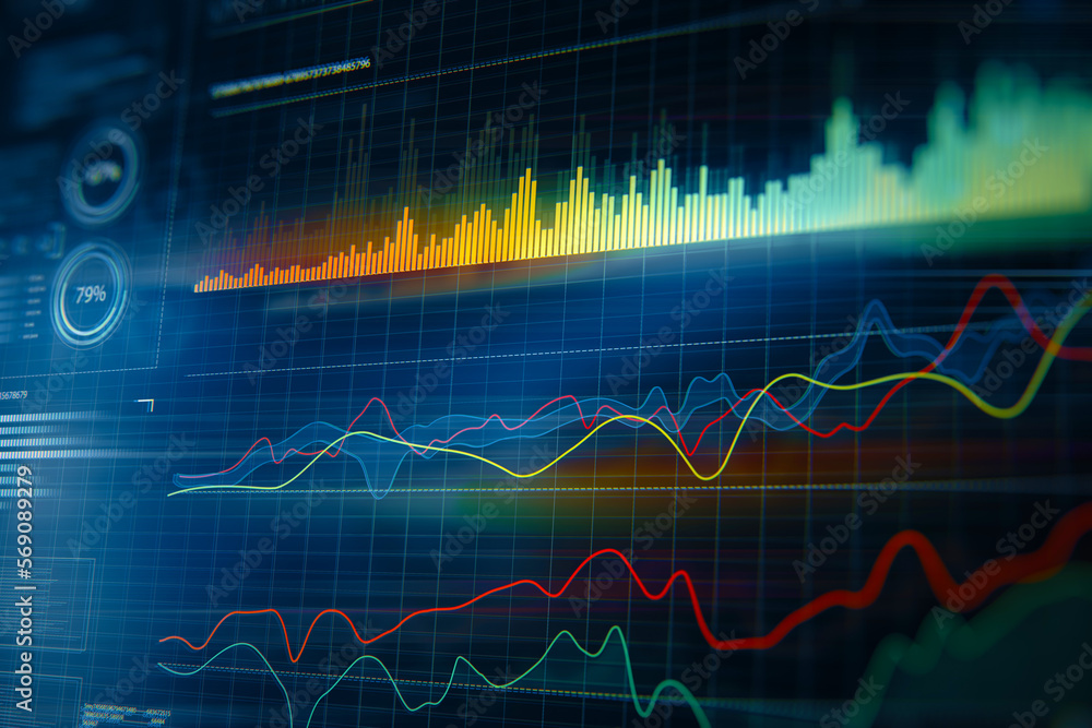 Poster Data visualization with stock diagrams, statistic bars and charts, infographic concept. 3D rendering
