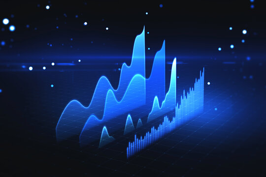 Stock Market And Economy Growth Concept With Perspective View On Digital Blue Rising Up Financial Chart Diagram And Graphs On Abstract Dark Technological Background. 3D Rendering