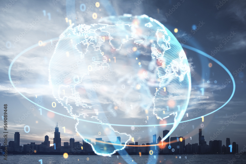 Poster Abstract globe sphere with coding and polygonal network on blurry city background. Future, technology and digital world concept. Double exposure.