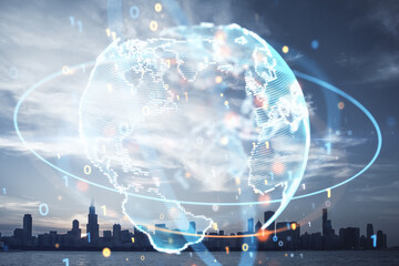 Abstract globe sphere with coding and polygonal network on blurry city background. Future, technology and digital world concept. Double exposure.