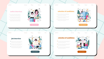 Job interview web banner or landing page set. Recruitment and personnel