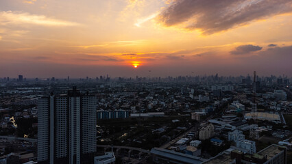 High angle view Aerial photograph of landscape city and sunset