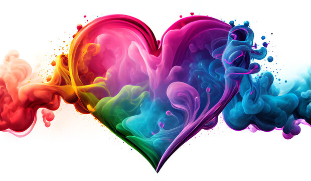 Wave and smoke in shape form heart of different rainbow colors isolated on white. Valentines Day. LGBT Concept. Generative Ai.