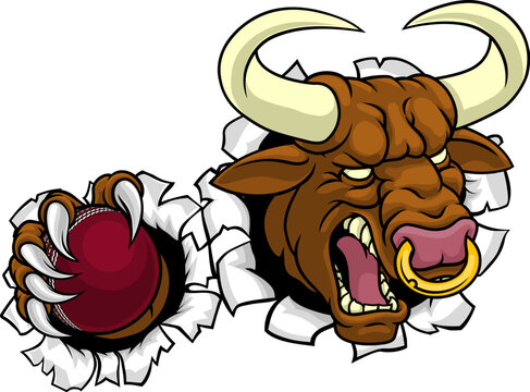 A bull or Minotaur monster longhorn cow angry mean cricket mascot cartoon character.