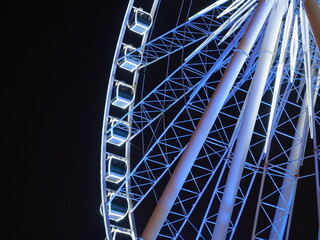 BANGKOK - February 5: Night scene of the Large Ferris wheel in Asiatique, open outdoor community shopping mall in Bangkok, Thailand, under dark night sky, on February 5, 2023.