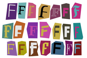 Alphabet F - vector cut newspaper and magazine letters, paper style ransom note letter