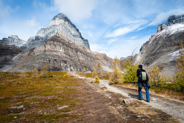 Naklejka na ściany i meble Hiking the Valley of Ten Peaks track in autumn, Banff national Park. Canada.