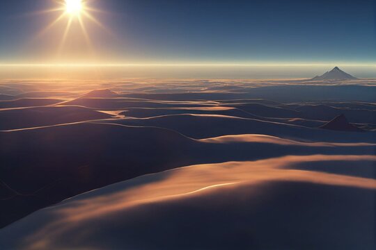 Beautiful aerial landscape of mountain peak at sunset above the clouds - panoramic. Generative AI © Mother