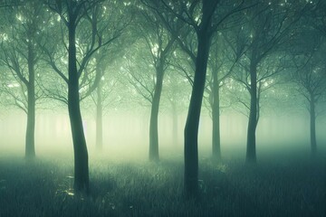 Fototapeta na wymiar tree silhouettes in dark green foggy forest. Generative AI