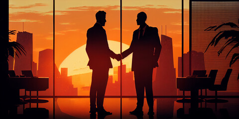 Business Handshake Corporate Partnership Agreement Cityscape Sunset Concept. Generative Ai.
