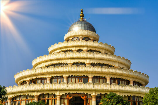 Bangalore, India - 09.01.2023: Close up of a beautiful roof architecture of The Art of Living Ashram, Located by Kanakapura Road, Bengaluru, India. High quality photo