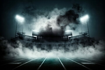American football stadium field with smoke and neon background, generated with computer, suitable for background design, flayer, brosur, ad, booklets and leaflets.