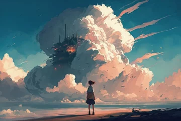 Cercles muraux Couleur saumon Girl looks at the ruined alien machine hide in the cloud on the sky. Anime art landscape. Digital art style. Illustration painting. Generative AI.