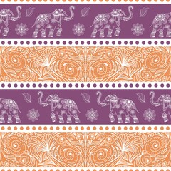 Elephant seamless pattern. Ethnic elephant with ornate border traditionally decorated elephant design for carpet, wallpaper, clothing, textile, wrapping, Batik, fabric, tile, and embroidery style.