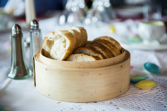 Bread basket on restaurant table, Bavaria, Germany