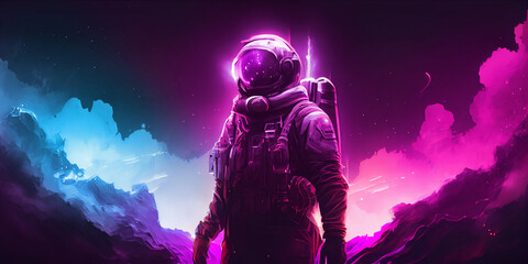 Fototapeta na wymiar 3D illustration of man in space suit inside softly glowing pink and blue galactic cloud. Peaceful galaxy astronaut. Retrowave. Generative Ai.
