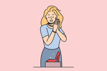 Smiling young woman in shop looking at stylish heels. Happy female client or customer buy shoes in fashion boutique or store. Vector illustration. 