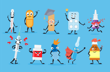 Medical pills drugs antibiotic supply characters emoji set vector flat pharmacy medicine mascot