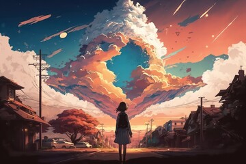 Girl on road in the village look at the strange cloud on the sky. Anime art. Digital art style. Illustration painting. 