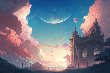 Beautiful view with building and fantasy sky. Beautiful castle. Beautiful palace. Digital art rough style. Illustration painting. Generative AI.
