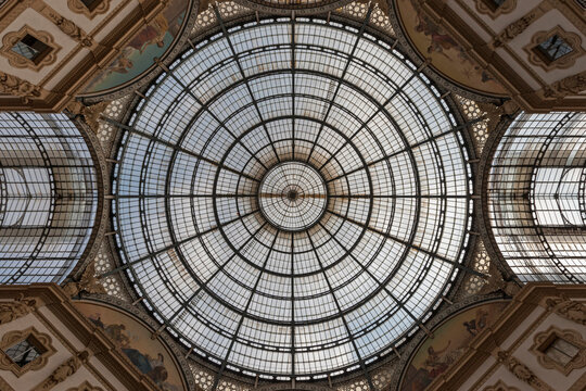 Low angle view of glass ceiling, Galleria Vittorio Emanuele II, Milan, Italy