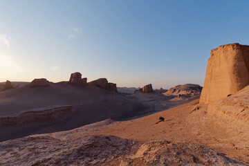 Scenic view of the beautiful Dasht-e Lut Desert and its rock formations (Kaluts) in Kerman province, Iran