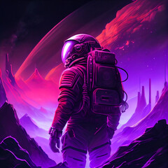 3D illustration of science fiction scene showing astronaut viewing space and planets from mountain surrounded by asteroids in space. Retrowave. Generative Ai.