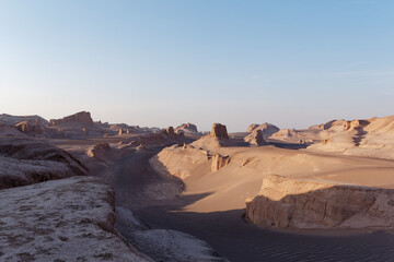 Scenic view of the beautiful Dasht-e Lut Desert and its rock formations (Kaluts) in Kerman province, Iran