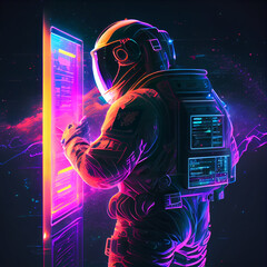 Retrowave Neon 3D illustration of space suit wearing male figure accessing virtual terminal. Alien data interface explorer astronaut. Generative Ai.