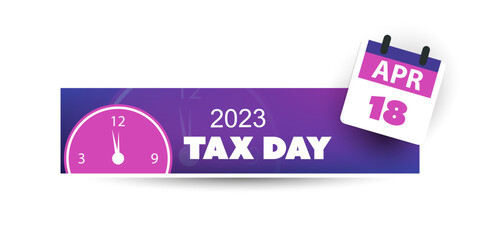Retro Style Horizontal Tax Day Reminder Concept Banner with Clock for Web Design - USA Tax Deadline Due Date for IRS Federal Income Tax Returns:18th April, Year 2023 - Vector Template