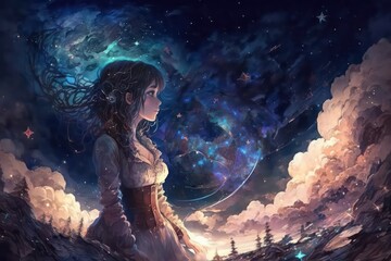 Illustration of girl with beautiful fantasy starry night. Fantasy sky with cloud and star falls. Digital art. Illustration painting. Generative AI.