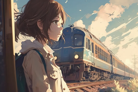 Anime Couple looking at Sunset, Anime Digital Art illustration for background  wallpaper. Generative AI Stock Illustration