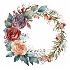 Obraz na płótnie Canvas Roses wreath. Rose watercolour wreath on white background. Decoration for greeting card. Flora with roses circle wreath. Generative AI.