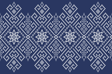 Indigo navy blue geometric traditional ethnic pattern Ikat seamless pattern border abstract design for fabric print cloth dress carpet curtains and sarong Aztec African Indian Indonesian 