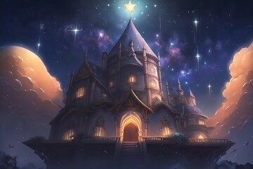 Beautiful castle in the night with stars on the sky. Anime wallpaper background. Beautiful starry night. Magic palace. Digital art style. Illustration painting. Generative AI.