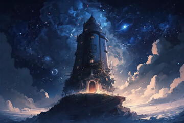 Beautiful castle in the night with stars on the sky. Anime wallpaper background. Beautiful starry night. Magic palace. Digital art style. Illustration painting. Generative AI.