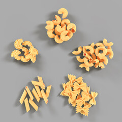 Pasta and macaroni icon set, piles of Italian raw dry penne, fusilli, chifferi isolated on grey background top view 3d render. Various types of noodles, portions for lunch or dinner